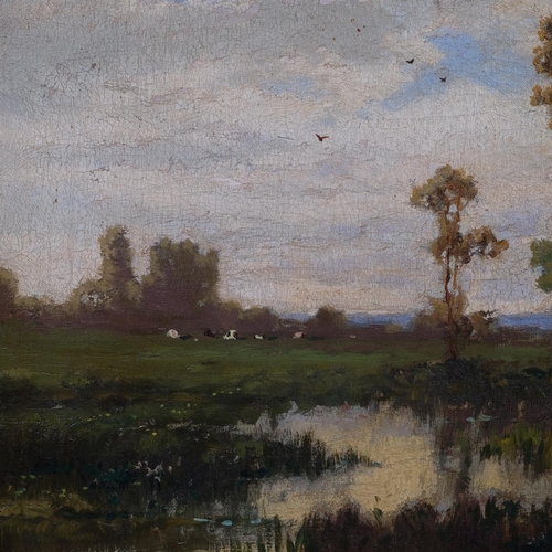 617 - Cattle on a riverbank, early 20th century impressionist oil on canvas, unsigned, 30cm x 39cm, framed