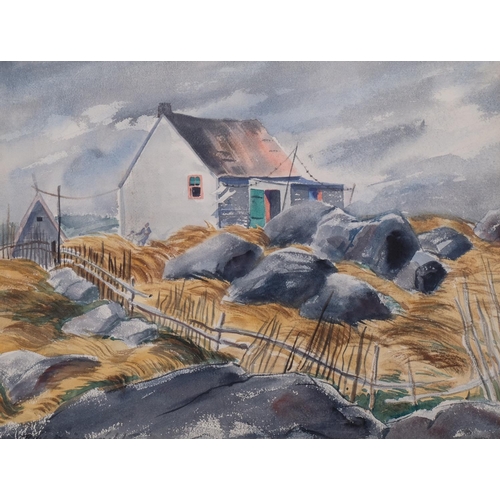 624 - Croft cottage in a storm, mid-20th century watercolour, indistinctly signed, 35cm x 45cm, framed