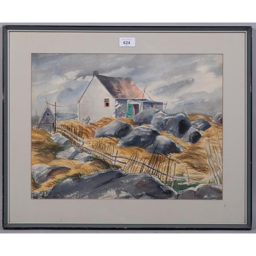 624 - Croft cottage in a storm, mid-20th century watercolour, indistinctly signed, 35cm x 45cm, framed