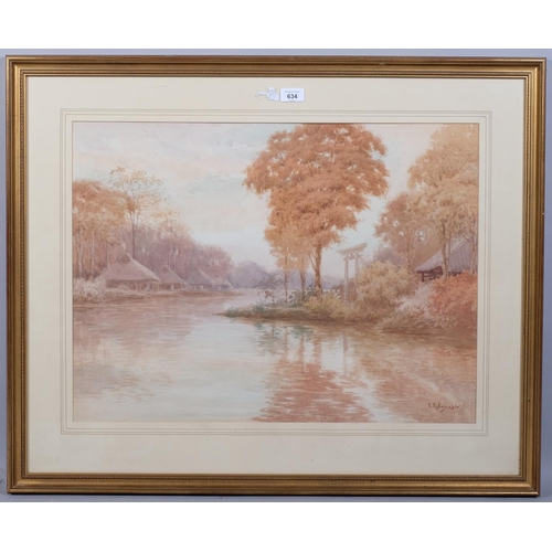 634 - T Kobayashi, Japanese river landscape, watercolour, signed, 49cm x 65cm, framed