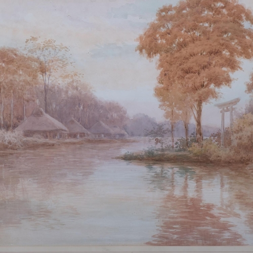 634 - T Kobayashi, Japanese river landscape, watercolour, signed, 49cm x 65cm, framed