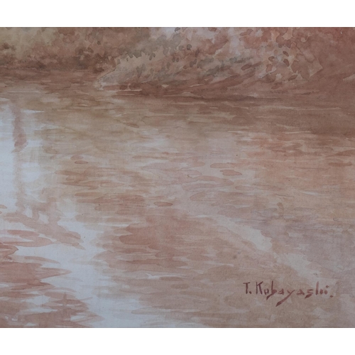 634 - T Kobayashi, Japanese river landscape, watercolour, signed, 49cm x 65cm, framed