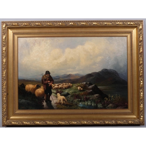 635 - WITHDRAWN - B Davis, shepherd and sheep in the mountains, oil on canvas, signed, 50cm x 75cm, framed