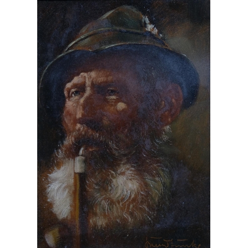 637 - Bernd Funke (1902 - 1988), portrait of a man smoking a pipe, oil on board, signed, 17cm x 12cm, fram... 