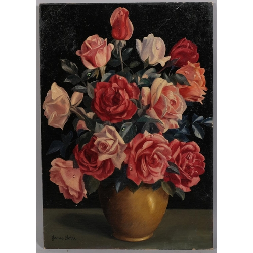 639 - James Noble (1919 - 1989), still life roses, oil on board, signed, 51cm x 35cm, unframed