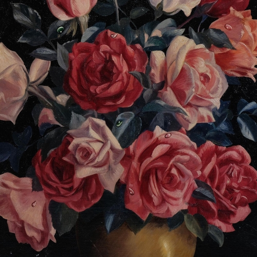 639 - James Noble (1919 - 1989), still life roses, oil on board, signed, 51cm x 35cm, unframed