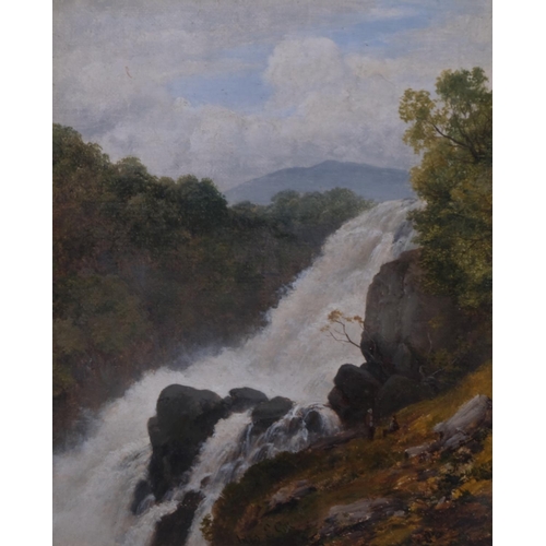 641 - Edmund Gill (1820 - 1894), waterfall, oil on board, signed and dated 1879 with original label verso,... 