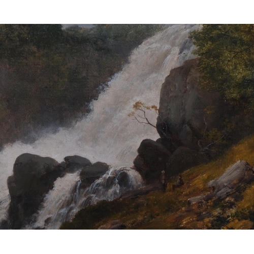 641 - Edmund Gill (1820 - 1894), waterfall, oil on board, signed and dated 1879 with original label verso,... 