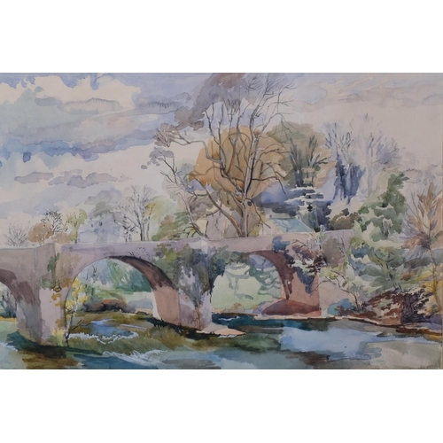 645 - Bridge over a stream, watercolour, unsigned, 33cm x 48cm, framed