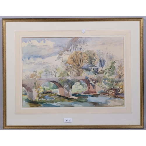 645 - Bridge over a stream, watercolour, unsigned, 33cm x 48cm, framed