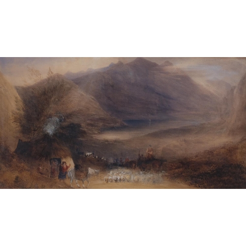 649 - David Cox (1783 - 1859), travellers in mountain landscape, watercolour, unsigned, 30cm x 53cm, frame... 