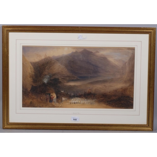 649 - David Cox (1783 - 1859), travellers in mountain landscape, watercolour, unsigned, 30cm x 53cm, frame... 