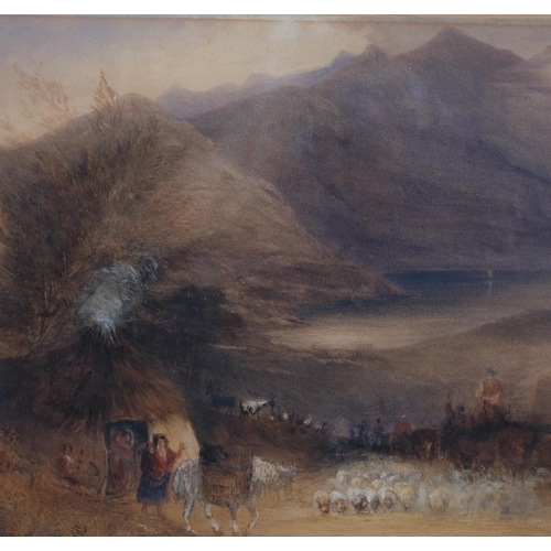 649 - David Cox (1783 - 1859), travellers in mountain landscape, watercolour, unsigned, 30cm x 53cm, frame... 