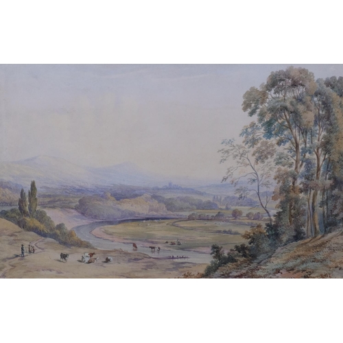 650 - Early 19th century English School, extensive valley landscape, watercolour, unsigned, 31cm x 49cm, f... 