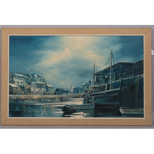 651 - Donald Ayres (born 1936), moonlit Cornish harbour scene, oil on board, signed, 40cm x 65cm, framed