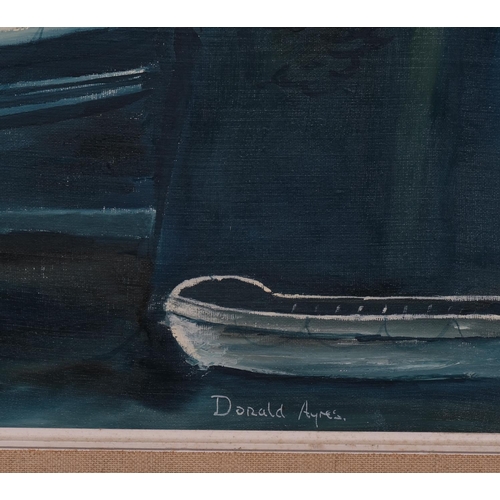 651 - Donald Ayres (born 1936), moonlit Cornish harbour scene, oil on board, signed, 40cm x 65cm, framed