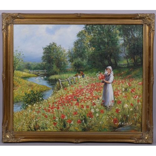 653 - Girl in flower meadow, contemporary oil on canvas, indistinctly signed, 50cm x 61cm, framed