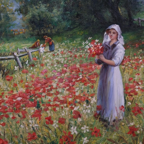 653 - Girl in flower meadow, contemporary oil on canvas, indistinctly signed, 50cm x 61cm, framed