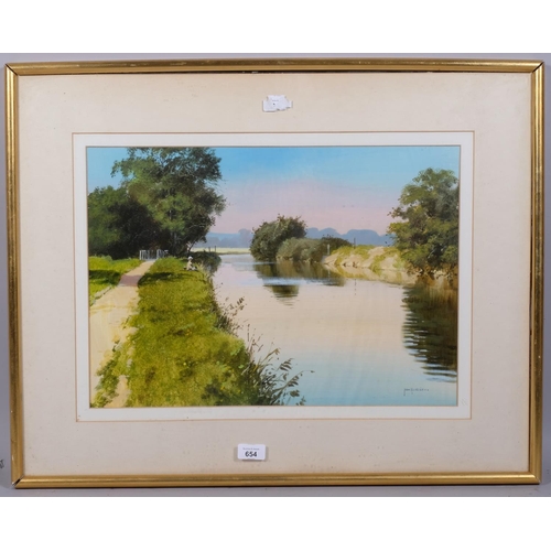 654 - John Haskins, fisherman by a canal, oil on board, signed, 35cm x 50cm