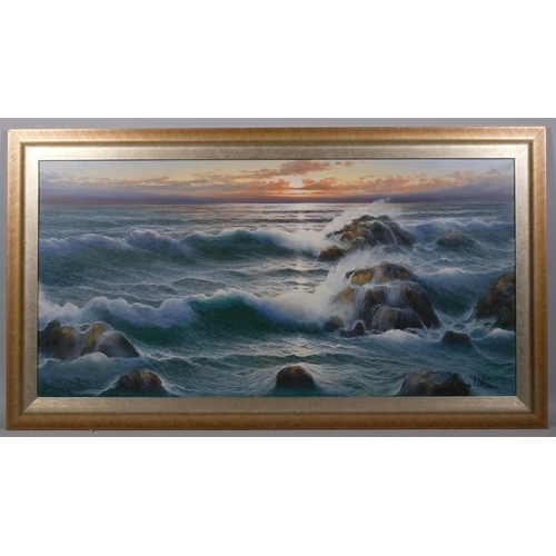 658 - Remo Aldini, Mareggiata (Coastal Storm), large oil on canvas, signed, 90cm x 120cm, framed