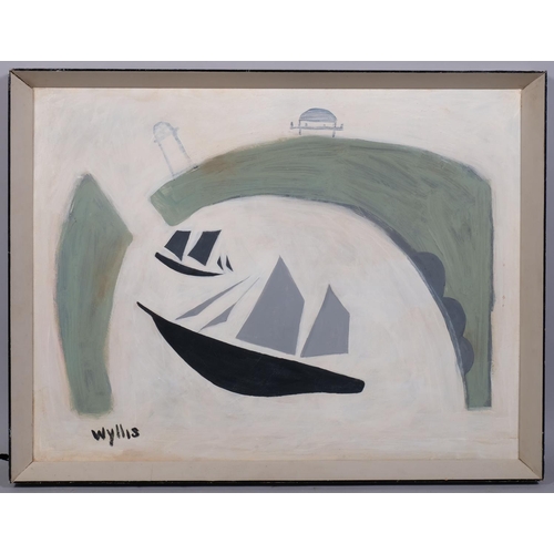 664 - Wyllis, modernist harbour scene, contemporary oil on board, signed, 48cm x 60cm, framed