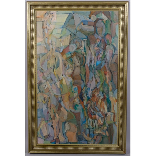 669 - Abstract figures, mid-20th century oil on board, unsigned, 55cm x 90cm, framed