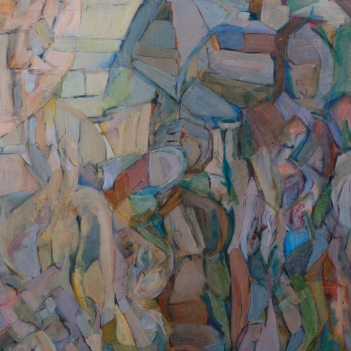 669 - Abstract figures, mid-20th century oil on board, unsigned, 55cm x 90cm, framed