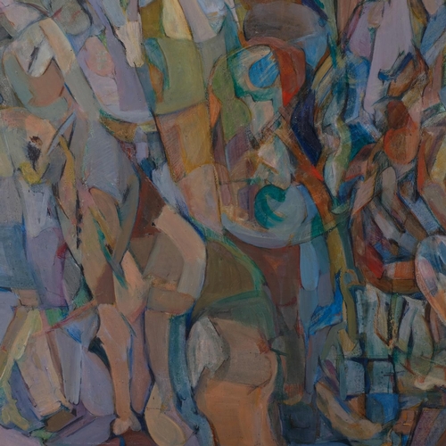 669 - Abstract figures, mid-20th century oil on board, unsigned, 55cm x 90cm, framed