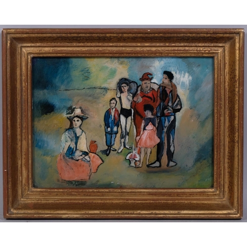 670 - After Pablo Picasso, family of Saltimbanques, reverse painting behind glass, 22cm x 30cm, framed