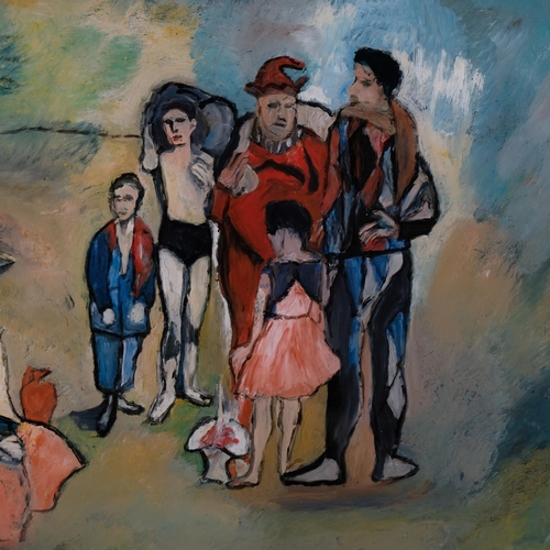 670 - After Pablo Picasso, family of Saltimbanques, reverse painting behind glass, 22cm x 30cm, framed