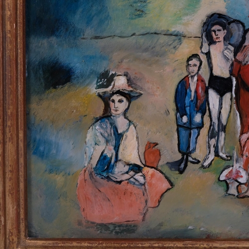 670 - After Pablo Picasso, family of Saltimbanques, reverse painting behind glass, 22cm x 30cm, framed