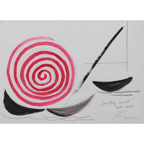 Terry Frost (1915 - 2003), pair of mixed media on paper, gouache/pencil, swirling sunset with boats Newlyn, and landed boats Newlyn, both signed with monograms, 26cm x 36cm, framed