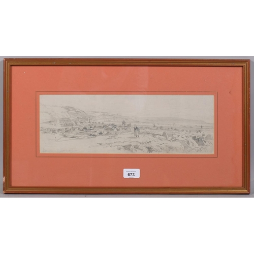 673 - Henry Moore RA RWS (1831 - 1895), mussel gatherers, pencil sketch, 14cm x 40cm, framed