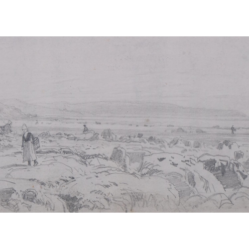 673 - Henry Moore RA RWS (1831 - 1895), mussel gatherers, pencil sketch, 14cm x 40cm, framed