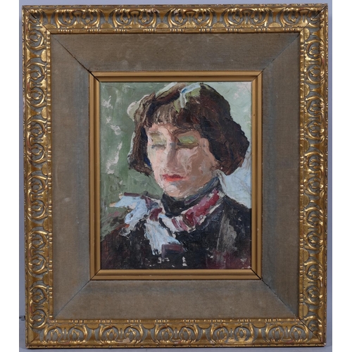 674 - Bloomsbury School, portrait of a woman, oil on board, unsigned, 26cm x 22cm, framed