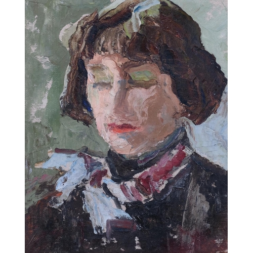 674 - Bloomsbury School, portrait of a woman, oil on board, unsigned, 26cm x 22cm, framed