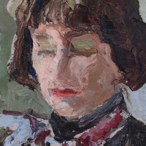 674 - Bloomsbury School, portrait of a woman, oil on board, unsigned, 26cm x 22cm, framed