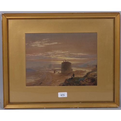 675 - Attributed to Charles Bentley (1806 - 1854), Martello Towers on the coast, watercolour, unsigned, 23... 