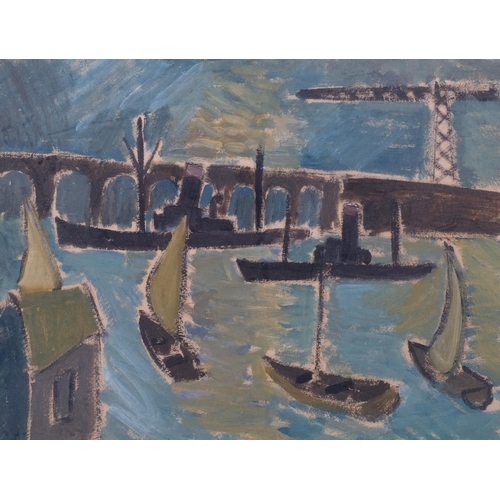 676 - Contemporary harbour scene, oil on paper, unsigned, 32cm x 43cm, framed