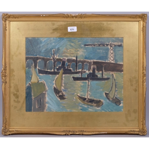 676 - Contemporary harbour scene, oil on paper, unsigned, 32cm x 43cm, framed