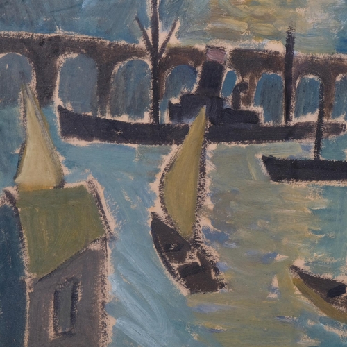 676 - Contemporary harbour scene, oil on paper, unsigned, 32cm x 43cm, framed