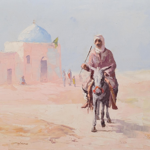 678 - Arab on a donkey, mid-20th century oil on board, indistinctly signed, 50cm x 70cm, framed