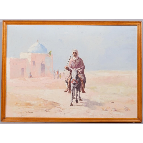 678 - Arab on a donkey, mid-20th century oil on board, indistinctly signed, 50cm x 70cm, framed