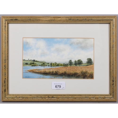 679 - Felicity Flutter, 3 lakes scenes, watercolours, signed, largest 12cm x 20cm, framed (3)