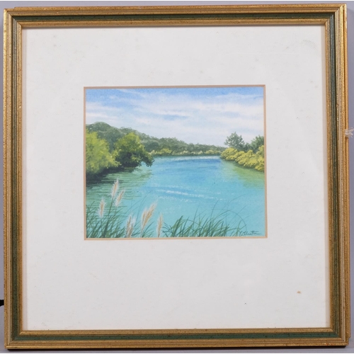 679 - Felicity Flutter, 3 lakes scenes, watercolours, signed, largest 12cm x 20cm, framed (3)