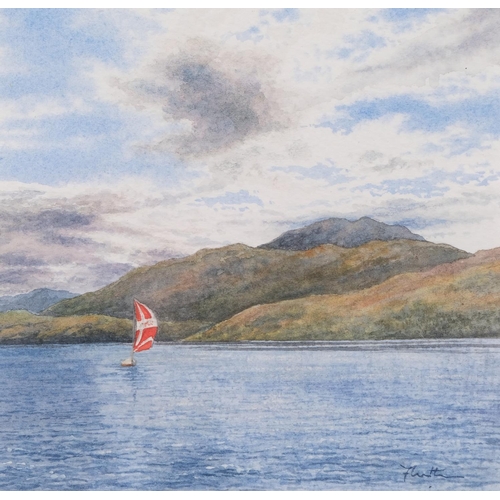 681 - Felicity Flutter, 3 lake scenes, watercolours, signed, largest 27cm x 12cm, framed (3)