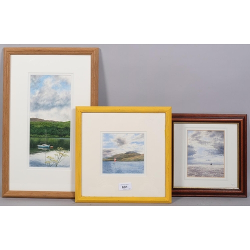 681 - Felicity Flutter, 3 lake scenes, watercolours, signed, largest 27cm x 12cm, framed (3)