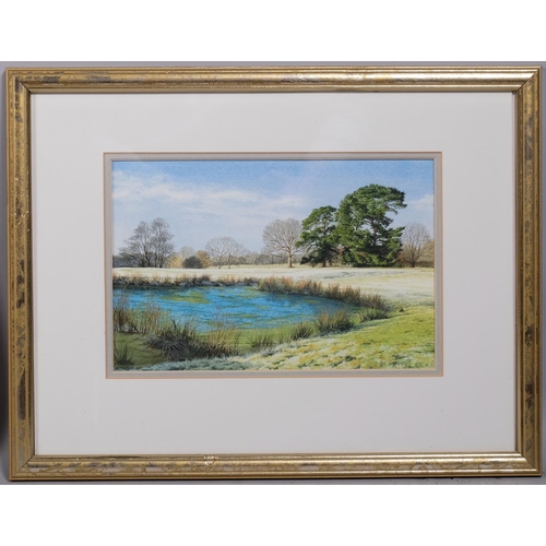 683 - Felicity Flutter, 3 landscapes, watercolours, signed, largest 17cm x 25cm, framed (3)