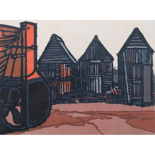 685 - Henry John Jackson, net huts, colour linocut print, signed in pencil, 1971, no. 7/50, image 40cm x 5... 