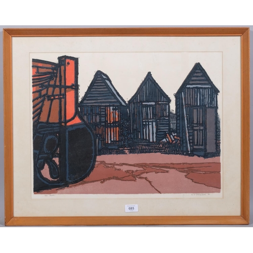 685 - Henry John Jackson, net huts, colour linocut print, signed in pencil, 1971, no. 7/50, image 40cm x 5... 